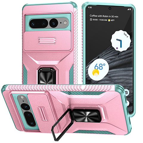 Funda Bumper Silicona y Plastico Mate Carcasa con Magnetico Soporte MQ1 para Google Pixel 7 Pro 5G Oro Rosa