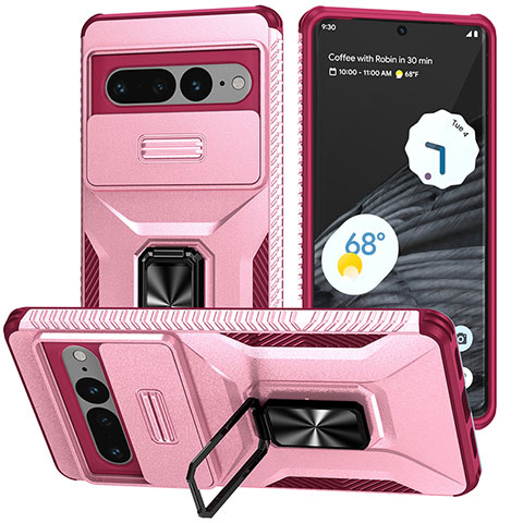 Funda Bumper Silicona y Plastico Mate Carcasa con Magnetico Soporte MQ1 para Google Pixel 7 Pro 5G Rosa Roja