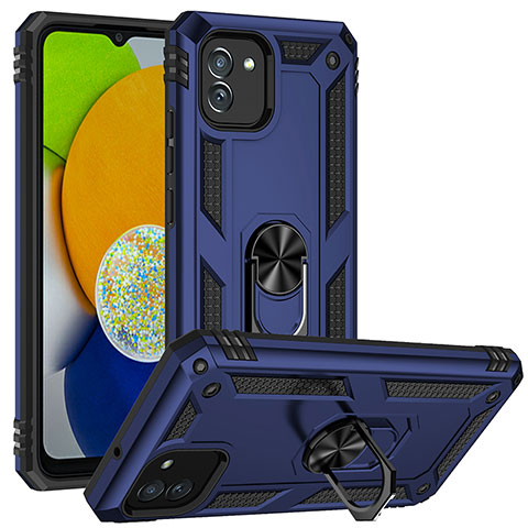 Funda Bumper Silicona y Plastico Mate Carcasa con Magnetico Soporte MQ1 para Samsung Galaxy A03 Azul