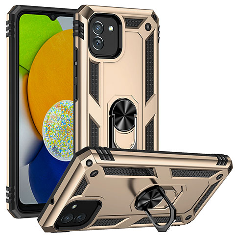 Funda Bumper Silicona y Plastico Mate Carcasa con Magnetico Soporte MQ1 para Samsung Galaxy A03 Oro