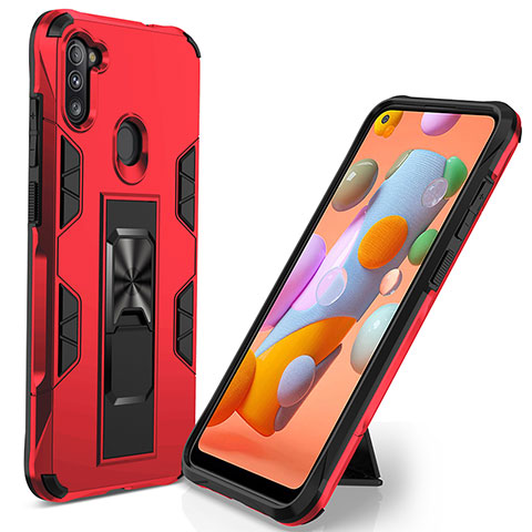 Funda Bumper Silicona y Plastico Mate Carcasa con Magnetico Soporte MQ1 para Samsung Galaxy A11 Rojo