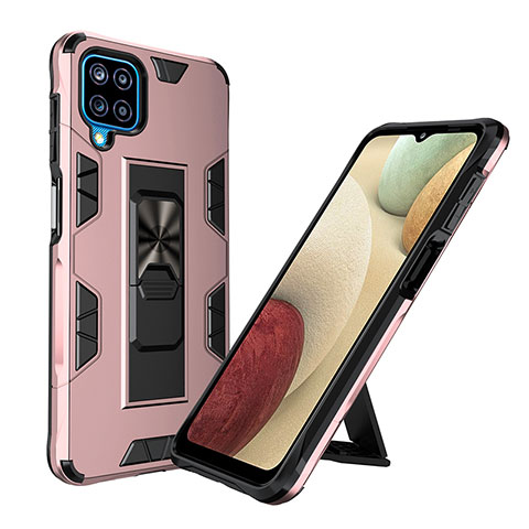 Funda Bumper Silicona y Plastico Mate Carcasa con Magnetico Soporte MQ1 para Samsung Galaxy A12 5G Oro Rosa