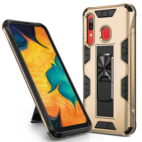 Funda Bumper Silicona y Plastico Mate Carcasa con Magnetico Soporte MQ1 para Samsung Galaxy A20 Oro