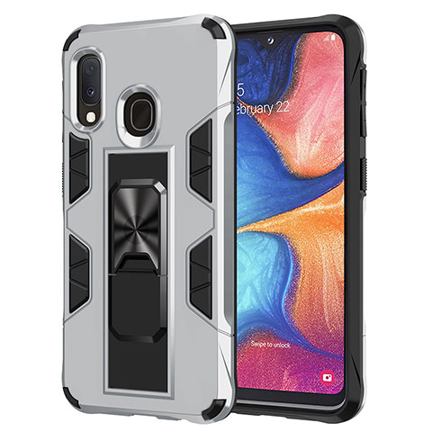 Funda Bumper Silicona y Plastico Mate Carcasa con Magnetico Soporte MQ1 para Samsung Galaxy A20e Plata