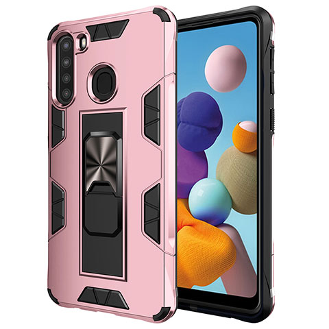 Funda Bumper Silicona y Plastico Mate Carcasa con Magnetico Soporte MQ1 para Samsung Galaxy A21 Oro Rosa