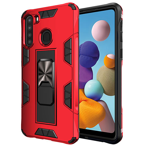 Funda Bumper Silicona y Plastico Mate Carcasa con Magnetico Soporte MQ1 para Samsung Galaxy A21 Rojo