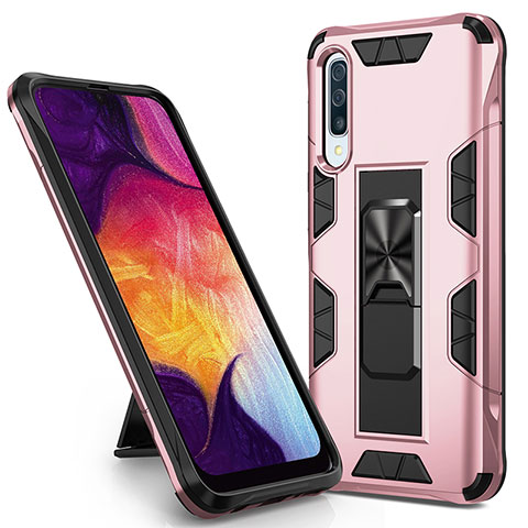 Funda Bumper Silicona y Plastico Mate Carcasa con Magnetico Soporte MQ1 para Samsung Galaxy A30S Oro Rosa