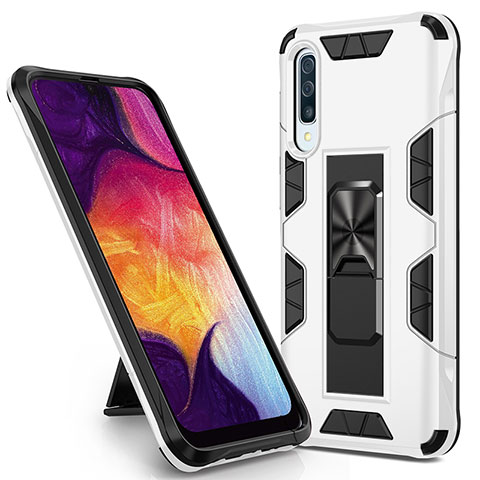 Funda Bumper Silicona y Plastico Mate Carcasa con Magnetico Soporte MQ1 para Samsung Galaxy A50 Blanco