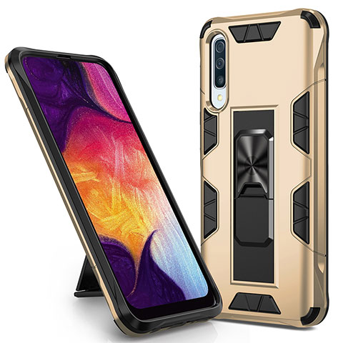 Funda Bumper Silicona y Plastico Mate Carcasa con Magnetico Soporte MQ1 para Samsung Galaxy A50S Oro