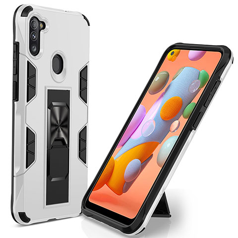 Funda Bumper Silicona y Plastico Mate Carcasa con Magnetico Soporte MQ1 para Samsung Galaxy M11 Blanco