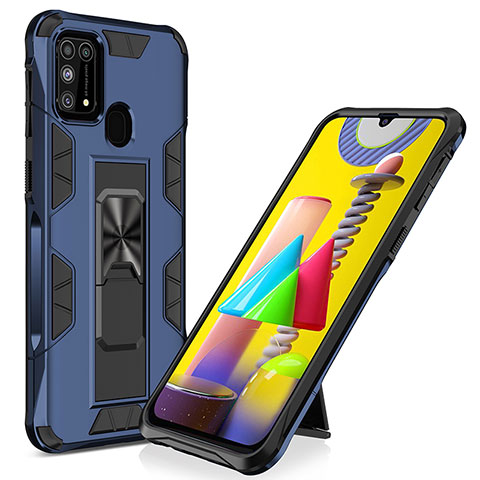 Funda Bumper Silicona y Plastico Mate Carcasa con Magnetico Soporte MQ1 para Samsung Galaxy M31 Azul