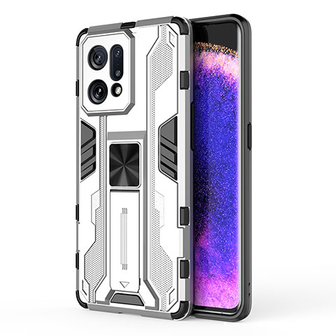 Funda Bumper Silicona y Plastico Mate Carcasa con Magnetico Soporte para Oppo Find X5 5G Blanco