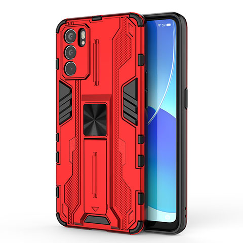 Funda Bumper Silicona y Plastico Mate Carcasa con Magnetico Soporte para Oppo Reno6 5G Rojo