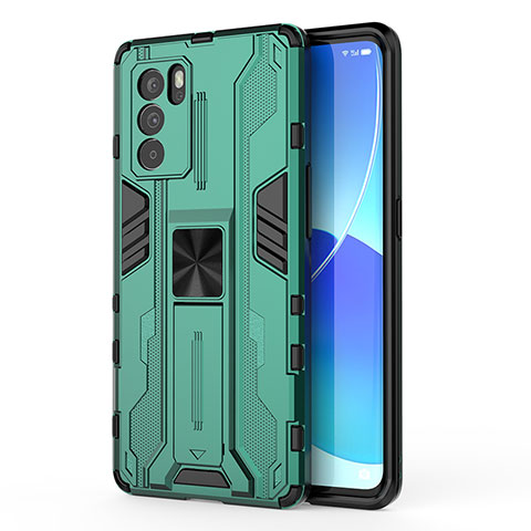 Funda Bumper Silicona y Plastico Mate Carcasa con Magnetico Soporte para Oppo Reno6 Pro 5G India Verde