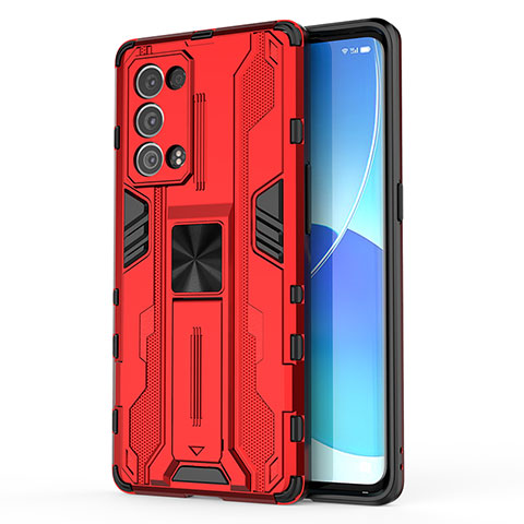 Funda Bumper Silicona y Plastico Mate Carcasa con Magnetico Soporte para Oppo Reno6 Pro+ Plus 5G Rojo