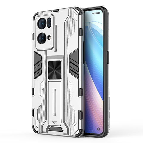 Funda Bumper Silicona y Plastico Mate Carcasa con Magnetico Soporte para Oppo Reno7 Pro 5G Blanco