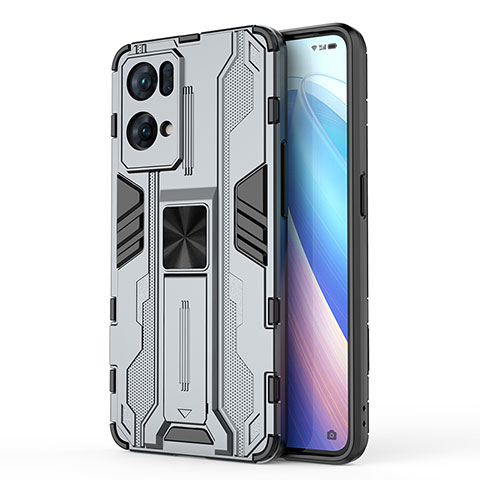 Funda Bumper Silicona y Plastico Mate Carcasa con Magnetico Soporte para Oppo Reno7 Pro 5G Gris