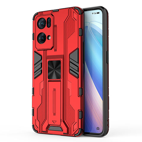 Funda Bumper Silicona y Plastico Mate Carcasa con Magnetico Soporte para Oppo Reno7 Pro 5G Rojo