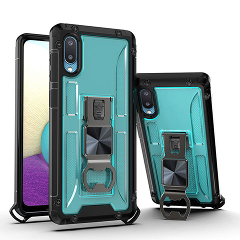 Funda Bumper Silicona y Plastico Mate Carcasa con Magnetico Soporte QW1 para Samsung Galaxy M02 Azul Cielo