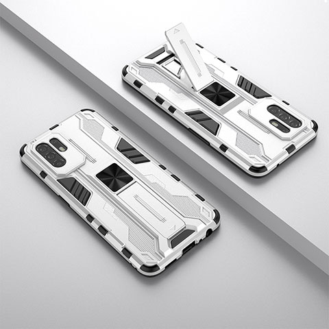 Funda Bumper Silicona y Plastico Mate Carcasa con Magnetico Soporte T01 para Oppo F19 Pro+ Plus 5G Blanco