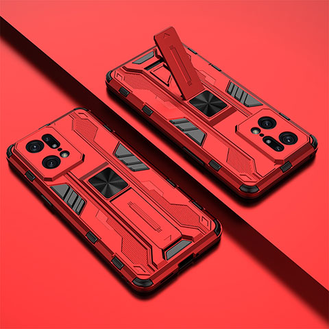 Funda Bumper Silicona y Plastico Mate Carcasa con Magnetico Soporte T01 para Oppo Find X5 Pro 5G Rojo