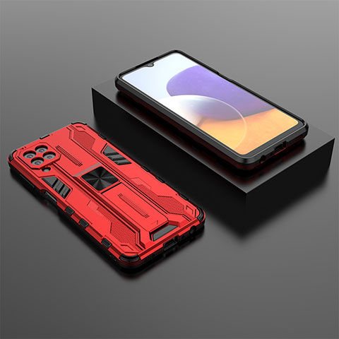 Funda Bumper Silicona y Plastico Mate Carcasa con Magnetico Soporte T01 para Samsung Galaxy A22 4G Rojo