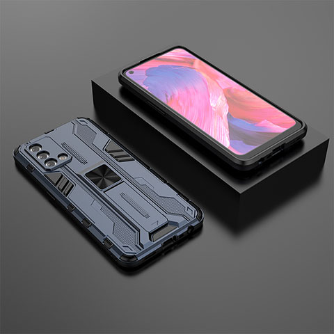 Funda Bumper Silicona y Plastico Mate Carcasa con Magnetico Soporte T02 para Oppo A74 4G Azul