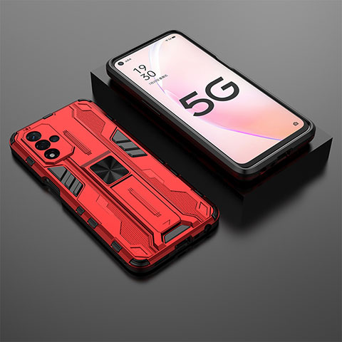 Funda Bumper Silicona y Plastico Mate Carcasa con Magnetico Soporte T02 para Oppo A93s 5G Rojo