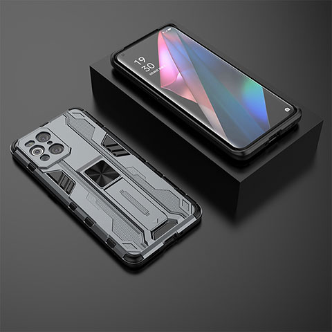 Funda Bumper Silicona y Plastico Mate Carcasa con Magnetico Soporte T02 para Oppo Find X3 5G Gris