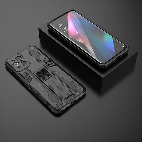 Funda Bumper Silicona y Plastico Mate Carcasa con Magnetico Soporte T02 para Oppo Find X3 5G Negro