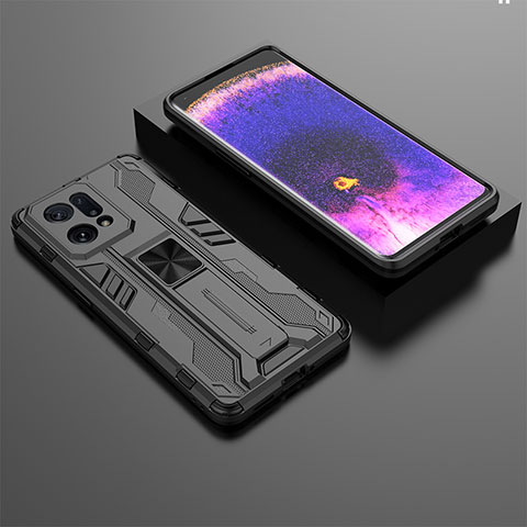 Funda Bumper Silicona y Plastico Mate Carcasa con Magnetico Soporte T02 para Oppo Find X5 5G Negro