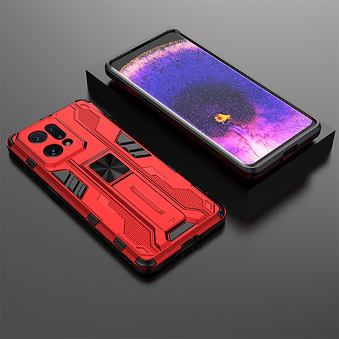 Funda Bumper Silicona y Plastico Mate Carcasa con Magnetico Soporte T02 para Oppo Find X5 5G Rojo