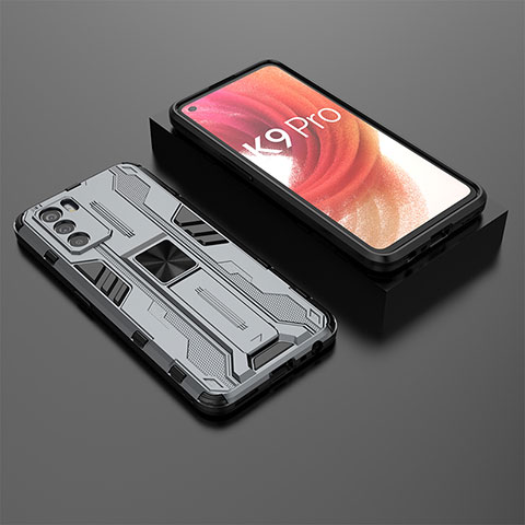 Funda Bumper Silicona y Plastico Mate Carcasa con Magnetico Soporte T02 para Oppo K9 Pro 5G Gris