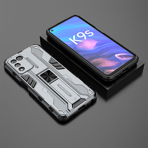 Funda Bumper Silicona y Plastico Mate Carcasa con Magnetico Soporte T02 para Oppo K9S 5G Gris