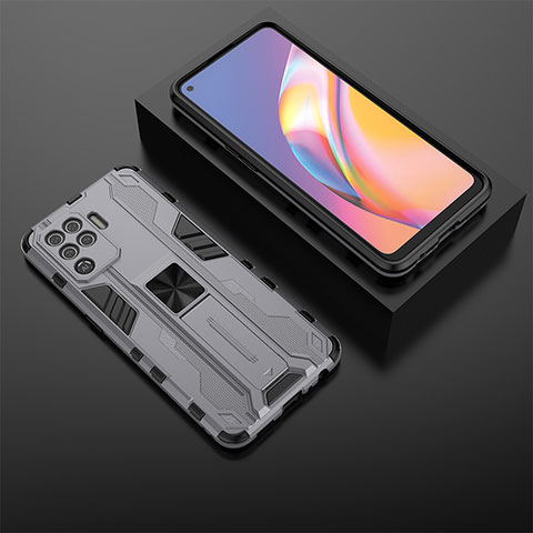 Funda Bumper Silicona y Plastico Mate Carcasa con Magnetico Soporte T02 para Oppo Reno5 Lite Gris