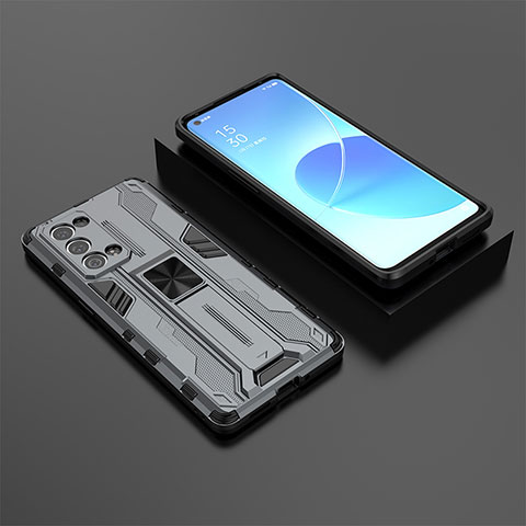 Funda Bumper Silicona y Plastico Mate Carcasa con Magnetico Soporte T02 para Oppo Reno6 Pro 5G Gris