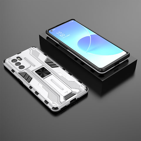 Funda Bumper Silicona y Plastico Mate Carcasa con Magnetico Soporte T02 para Oppo Reno6 Pro 5G India Blanco