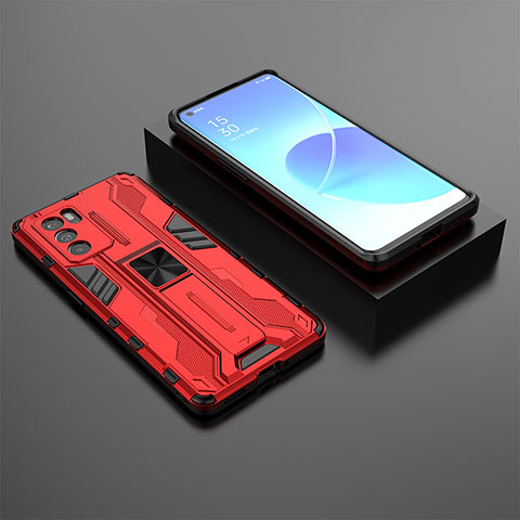 Funda Bumper Silicona y Plastico Mate Carcasa con Magnetico Soporte T02 para Oppo Reno6 Pro 5G India Rojo