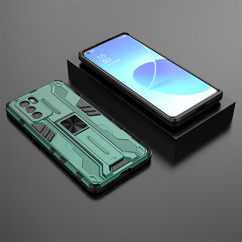 Funda Bumper Silicona y Plastico Mate Carcasa con Magnetico Soporte T02 para Oppo Reno6 Pro 5G India Verde