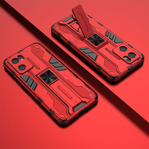 Funda Bumper Silicona y Plastico Mate Carcasa con Magnetico Soporte T02 para Oppo Reno7 SE 5G Rojo