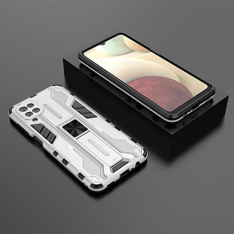 Funda Bumper Silicona y Plastico Mate Carcasa con Magnetico Soporte T02 para Samsung Galaxy F12 Blanco