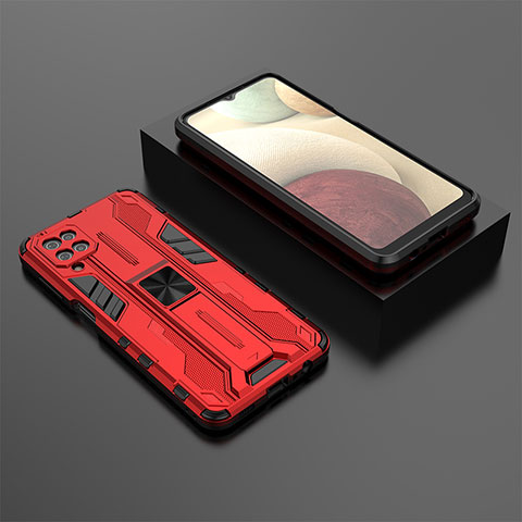 Funda Bumper Silicona y Plastico Mate Carcasa con Magnetico Soporte T02 para Samsung Galaxy F12 Rojo