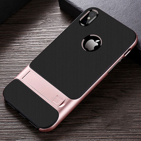 Funda Bumper Silicona y Plastico Mate Carcasa con Soporte A01 para Apple iPhone X Oro Rosa