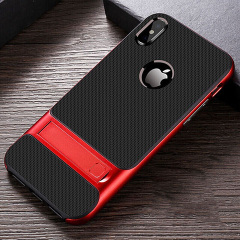 Funda Bumper Silicona y Plastico Mate Carcasa con Soporte A01 para Apple iPhone X Rojo