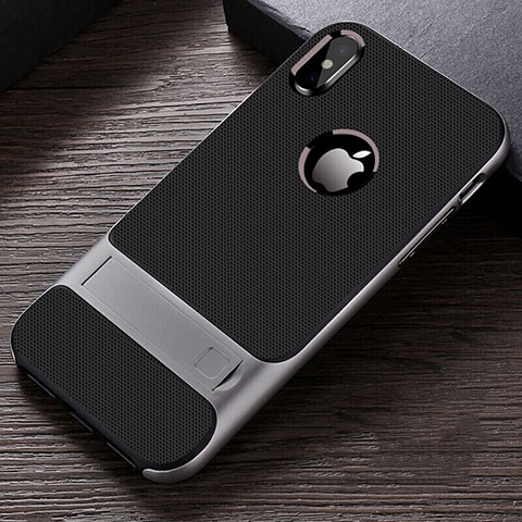 Funda Bumper Silicona y Plastico Mate Carcasa con Soporte A01 para Apple iPhone Xs Gris