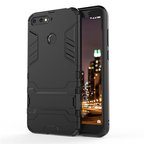 Funda Bumper Silicona y Plastico Mate Carcasa con Soporte A01 para Huawei Y6 Prime (2018) Negro