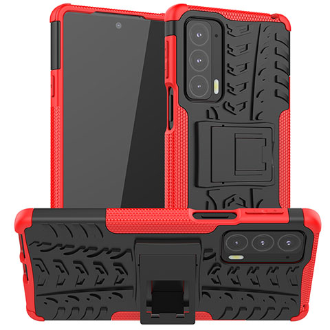 Funda Bumper Silicona y Plastico Mate Carcasa con Soporte A01 para Motorola Moto Edge 20 5G Rojo