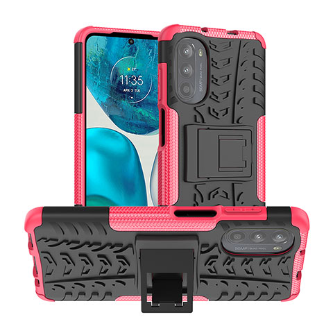 Funda Bumper Silicona y Plastico Mate Carcasa con Soporte A01 para Motorola MOTO G52 Rosa Roja