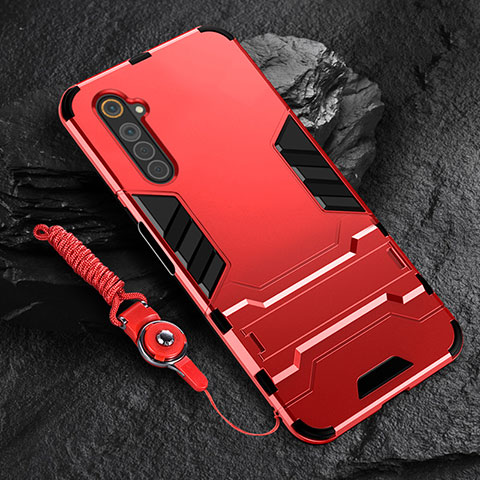 Funda Bumper Silicona y Plastico Mate Carcasa con Soporte A01 para Realme 6 Rojo