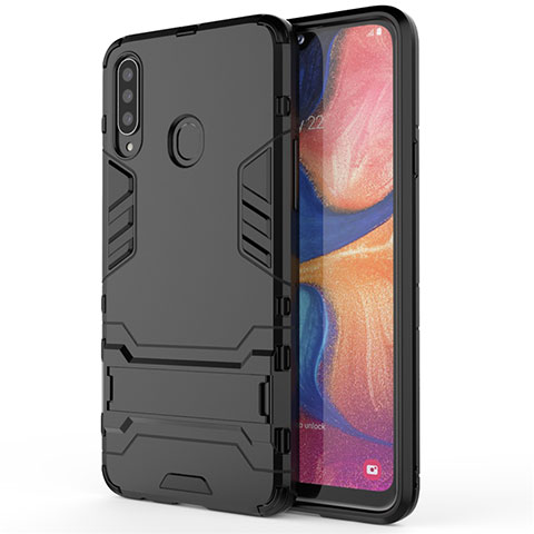 Funda Bumper Silicona y Plastico Mate Carcasa con Soporte A01 para Samsung Galaxy A20s Negro